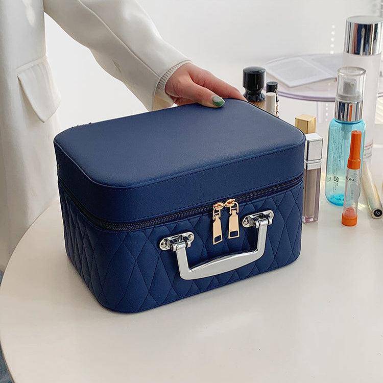 Portable Double-Layer Cosmetic Bag with Mirror - Rhombus Embroidery, Large Capacity - Hermony Essentials